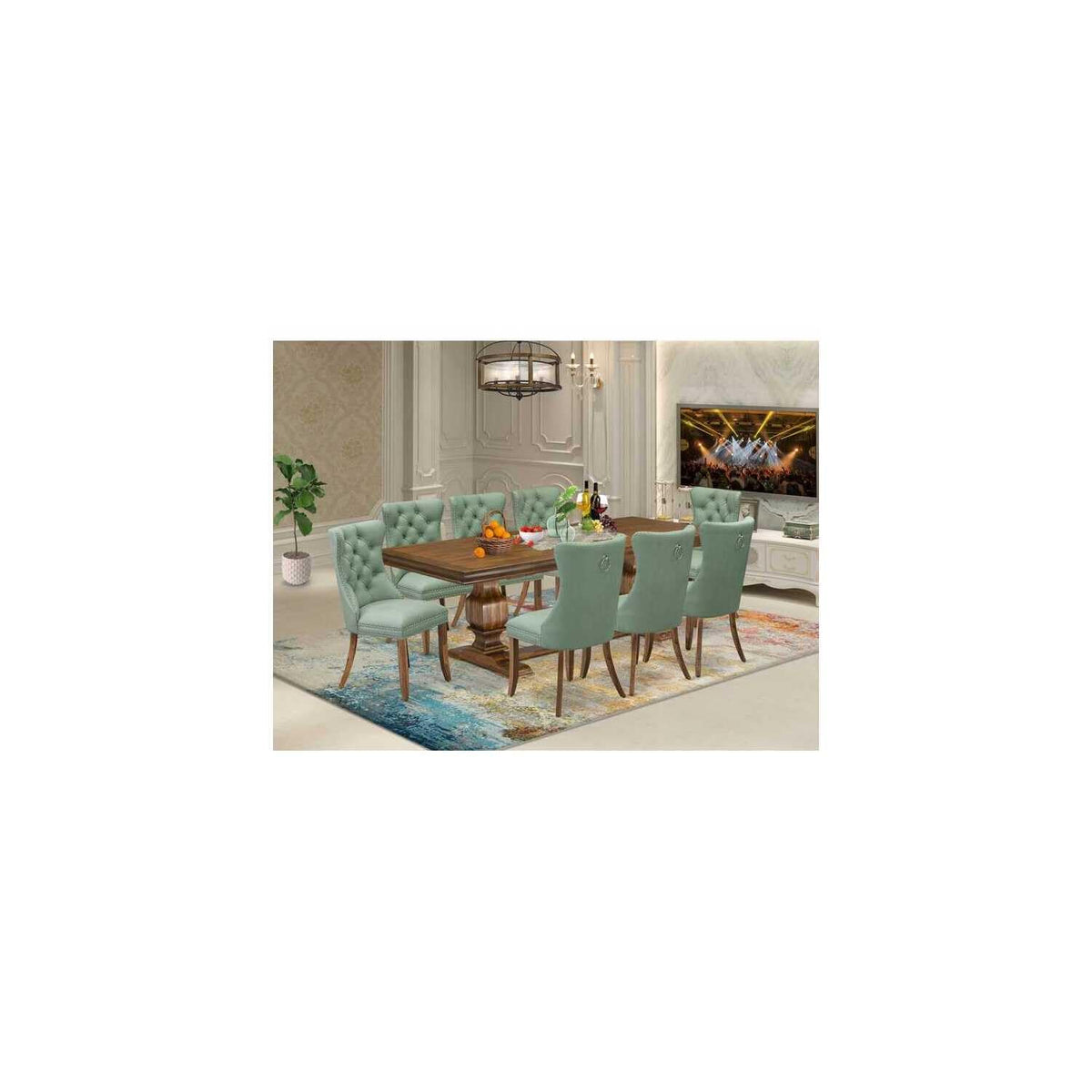 9 Piece Dining Room Set with Green Chairs Y274