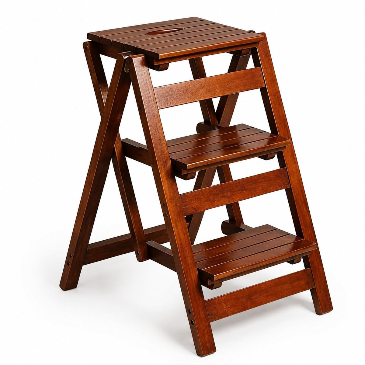 Solid Oak 3 Step Folding Ladder 330 lbs Capacity Wooden Step Stool N977647
