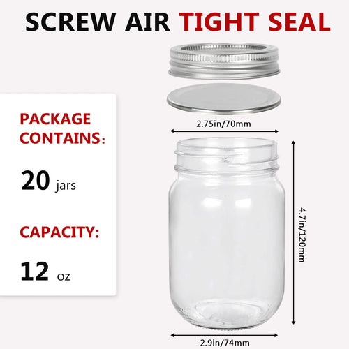 12 oz Glass Mason Jar, 20 Pack Canning Jars with Lids K650