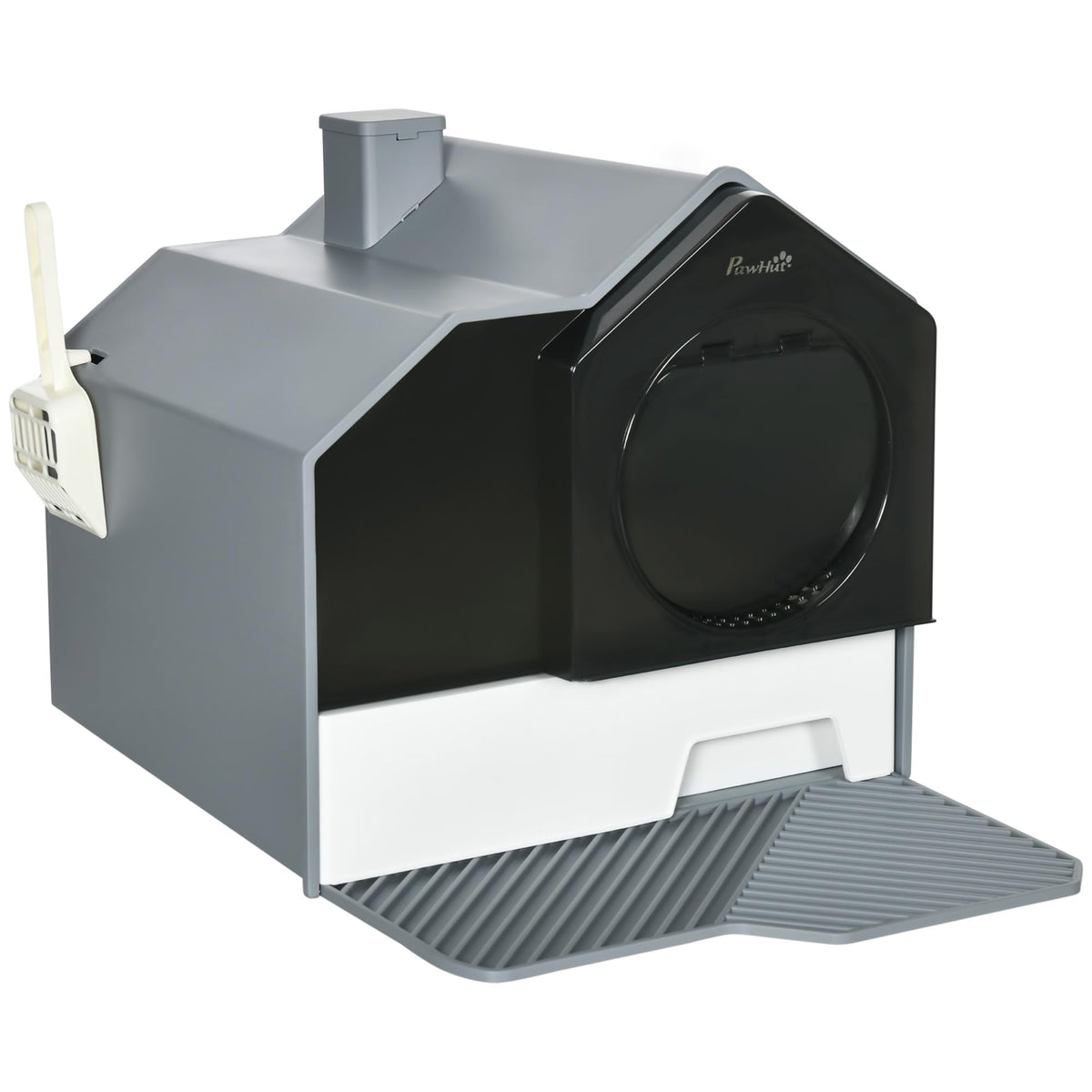 Hooded Cat Litter Box with Litter Mat, Pull-Out Drawer, Handle, Scoop, Gray S325950