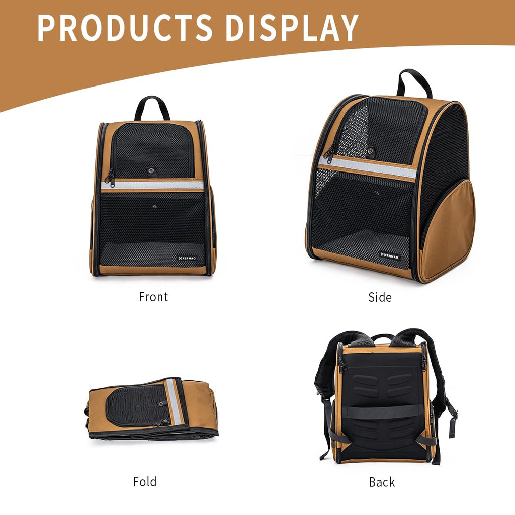 Brown Collapsible Pet Carrier Backpack with Ventilated Mesh A683077