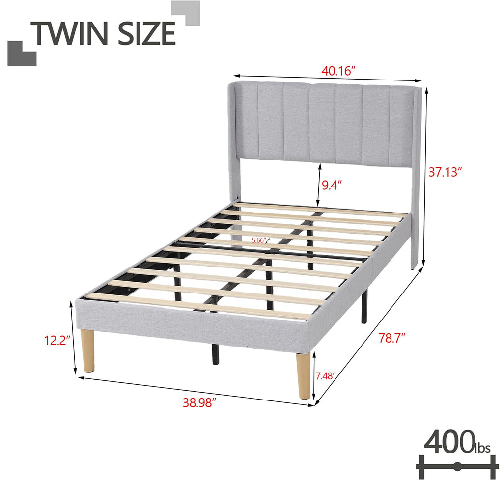 Twin Size Light Gray Linen Upholstered Bed Frame D352502