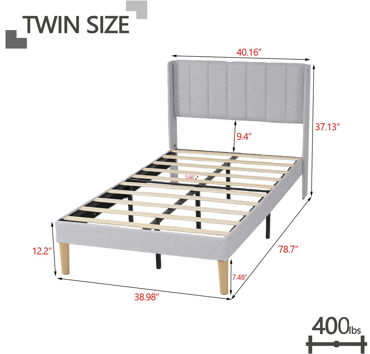 Twin Size Light Gray Linen Upholstered Bed Frame D352502