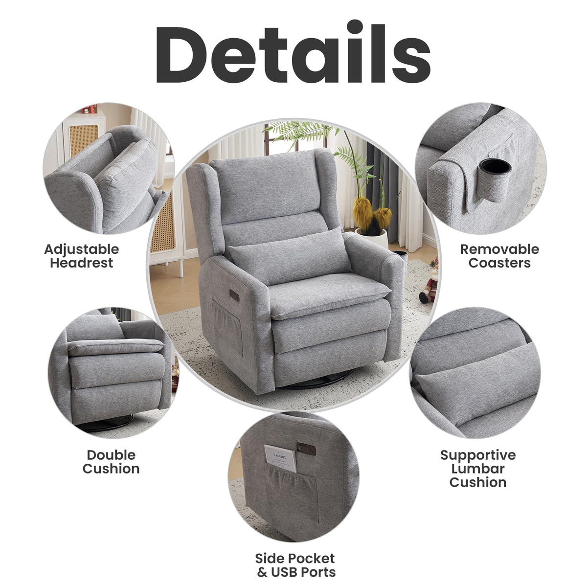 Oversized Swivel Rocker Recliner with Adjustable Headrest Z2279