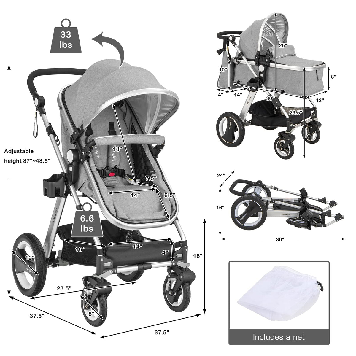 2-in-1 Convertible Bassinet Reclining Stroller H480