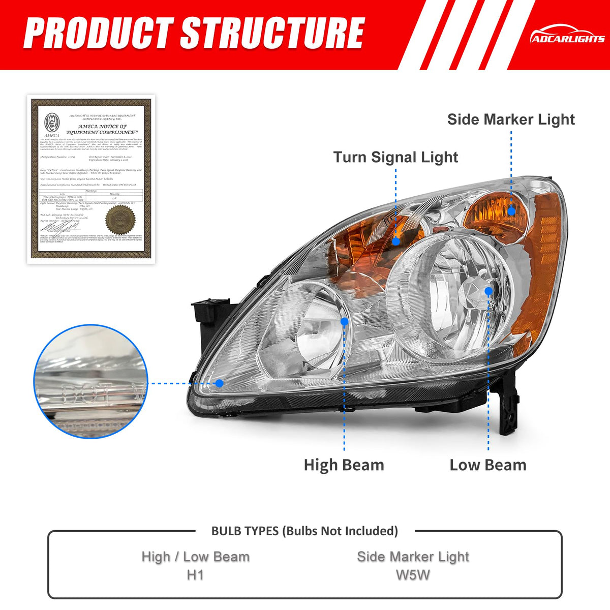Headlight Chrome Housing Amber Reflector Replacement Pair F283405
