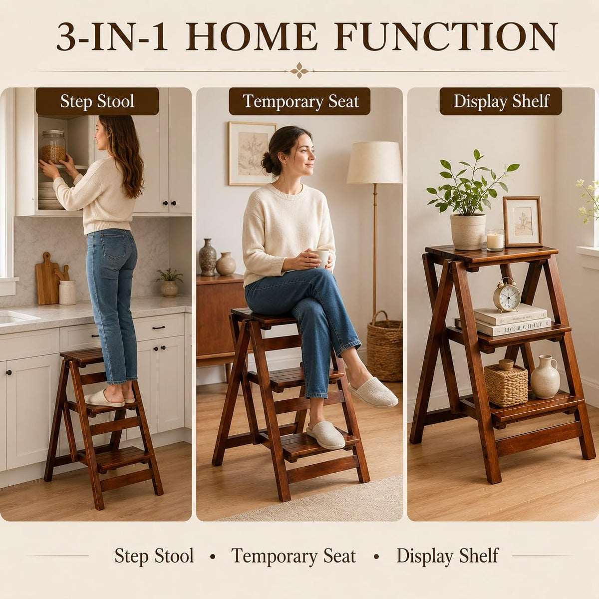 Solid Oak 3 Step Folding Ladder 330 lbs Capacity Wooden Step Stool N977647