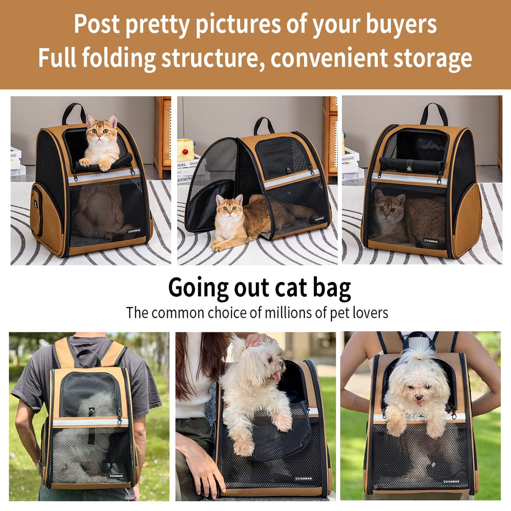 Brown Collapsible Pet Carrier Backpack with Ventilated Mesh A683077