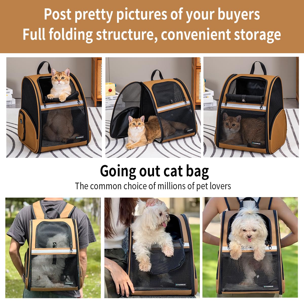Brown Collapsible Pet Carrier Backpack with Ventilated Mesh A683077