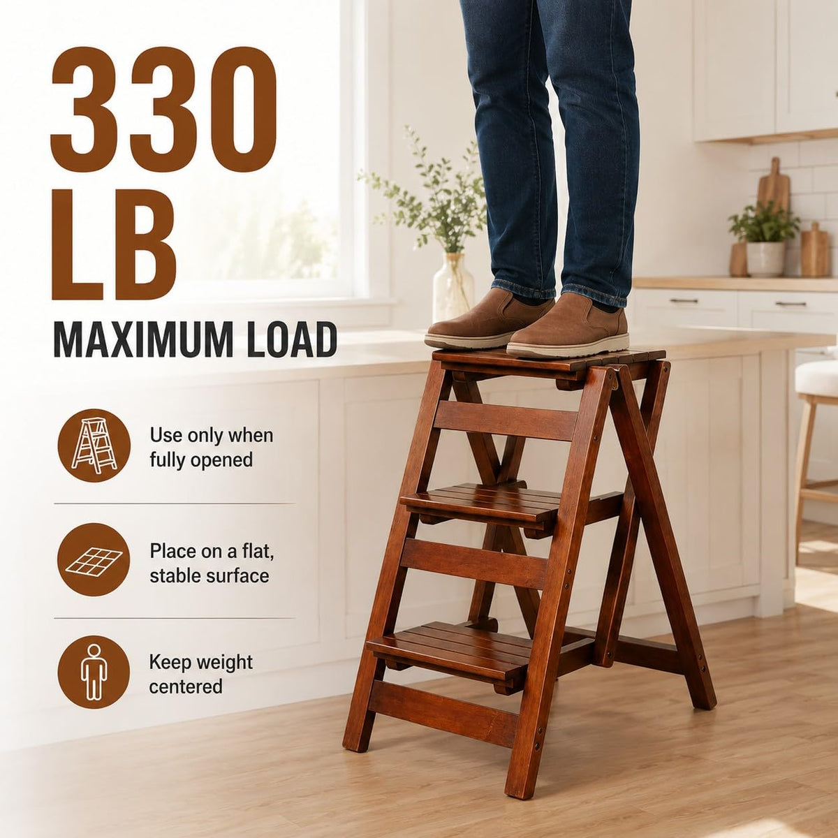 Solid Oak 3 Step Folding Ladder 330 lbs Capacity Wooden Step Stool N977647