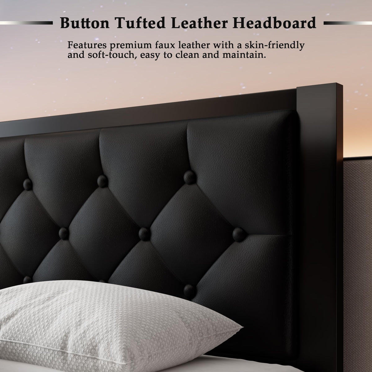Twin Size Black Metal Platform Bed Frame with Faux Leather Tufted Headboard E996
