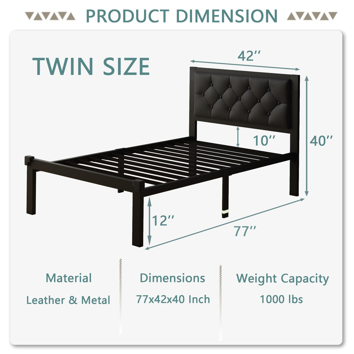 Twin Size Black Metal Platform Bed Frame with Faux Leather Tufted Headboard E996