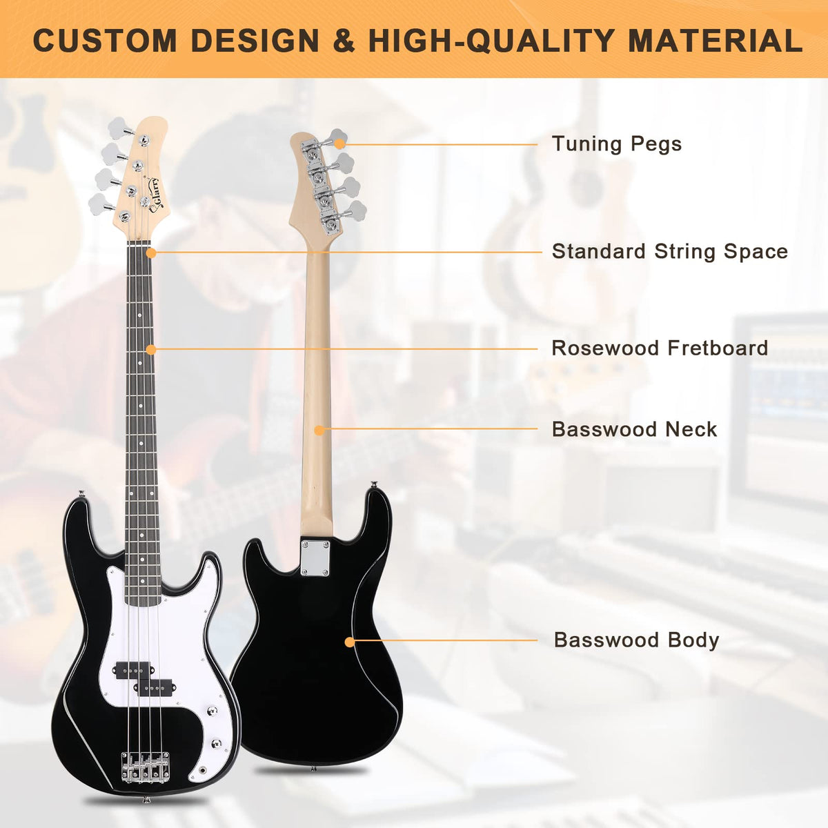 Full Size 4 String Basswood Electric Bass Guitar Beginner Kit with 20W Amp O110466