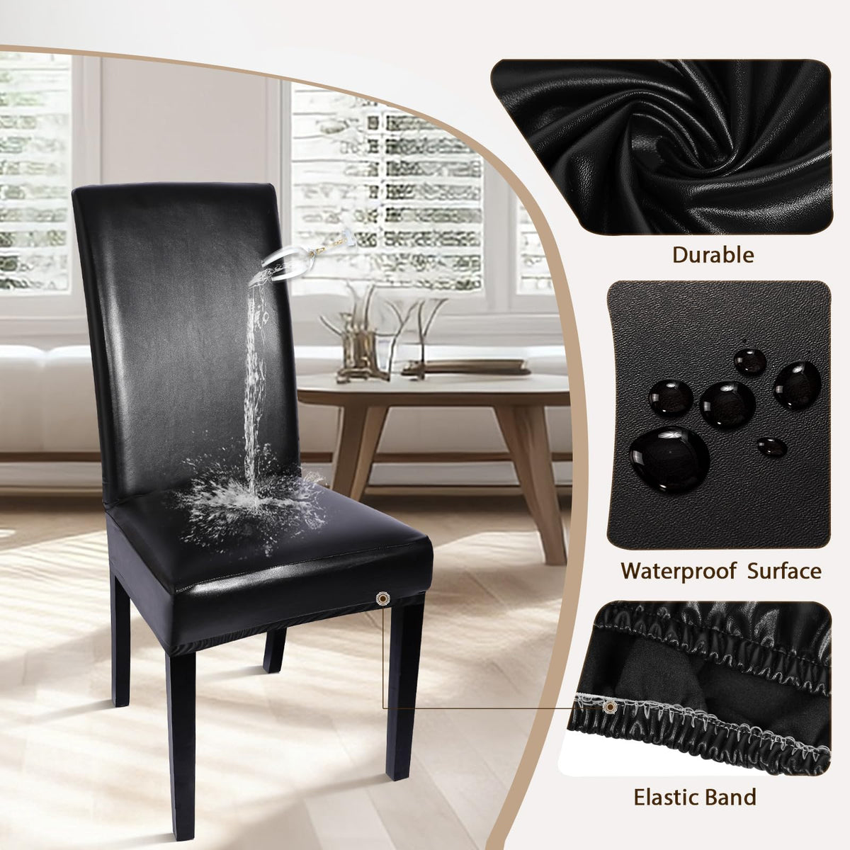 Waterproof PU Leather Dining Chair Covers Set of 4 Black Q9459
