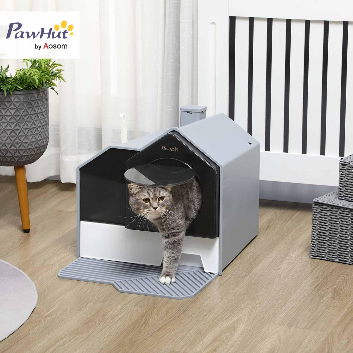 Hooded Cat Litter Box with Litter Mat, Pull-Out Drawer, Handle, Scoop, Gray S325950