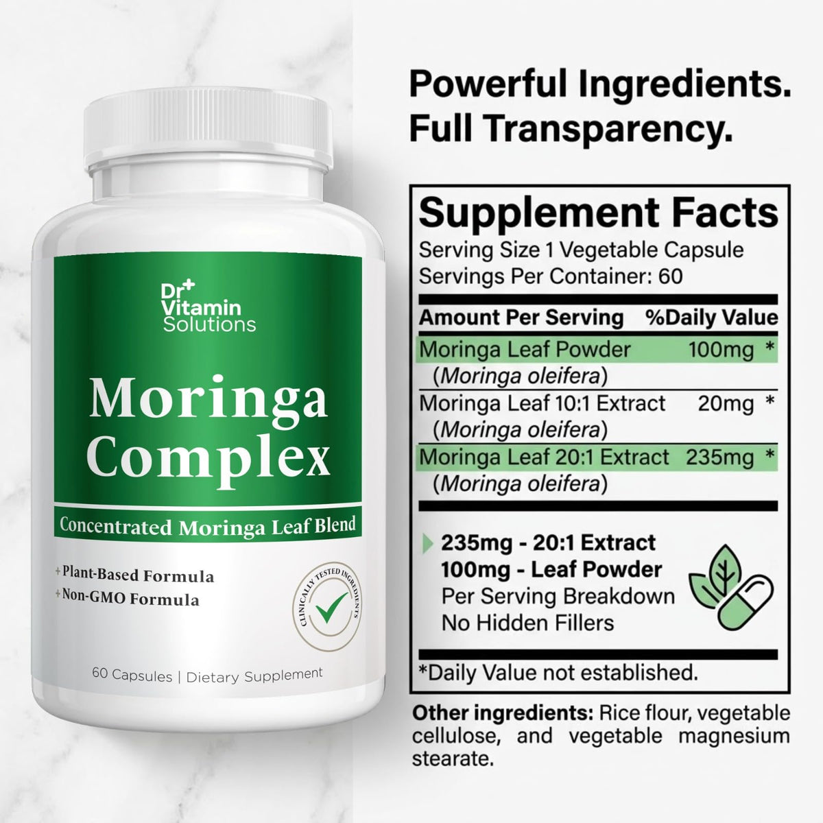 Moringa Oleifera Capsules with 20:1 Leaf Extract E259