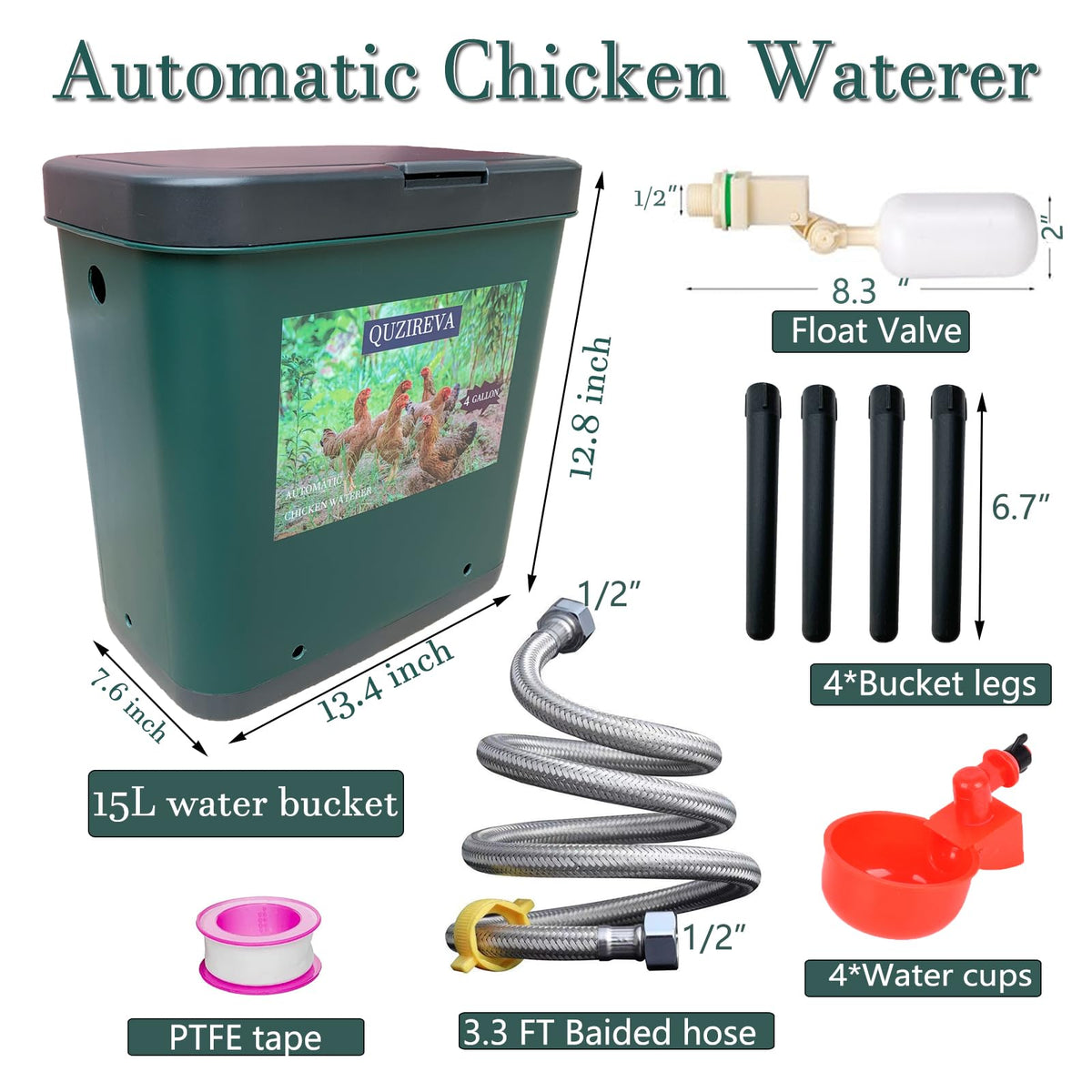 4 Gallon Automatic Float Controlled Poultry Waterer with Hose and Cups L6087