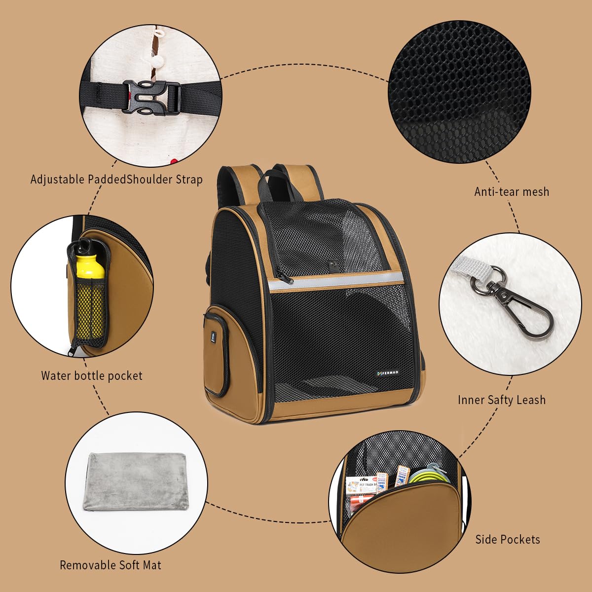 Brown Collapsible Pet Carrier Backpack with Ventilated Mesh A683077