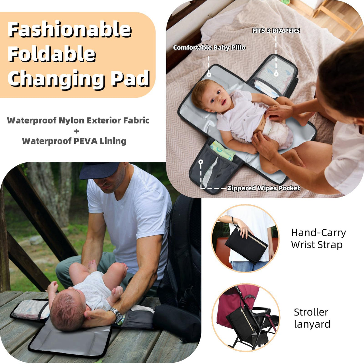 Black Waterproof Quilted Diaper Bag Backpack with Changing Pad W534038