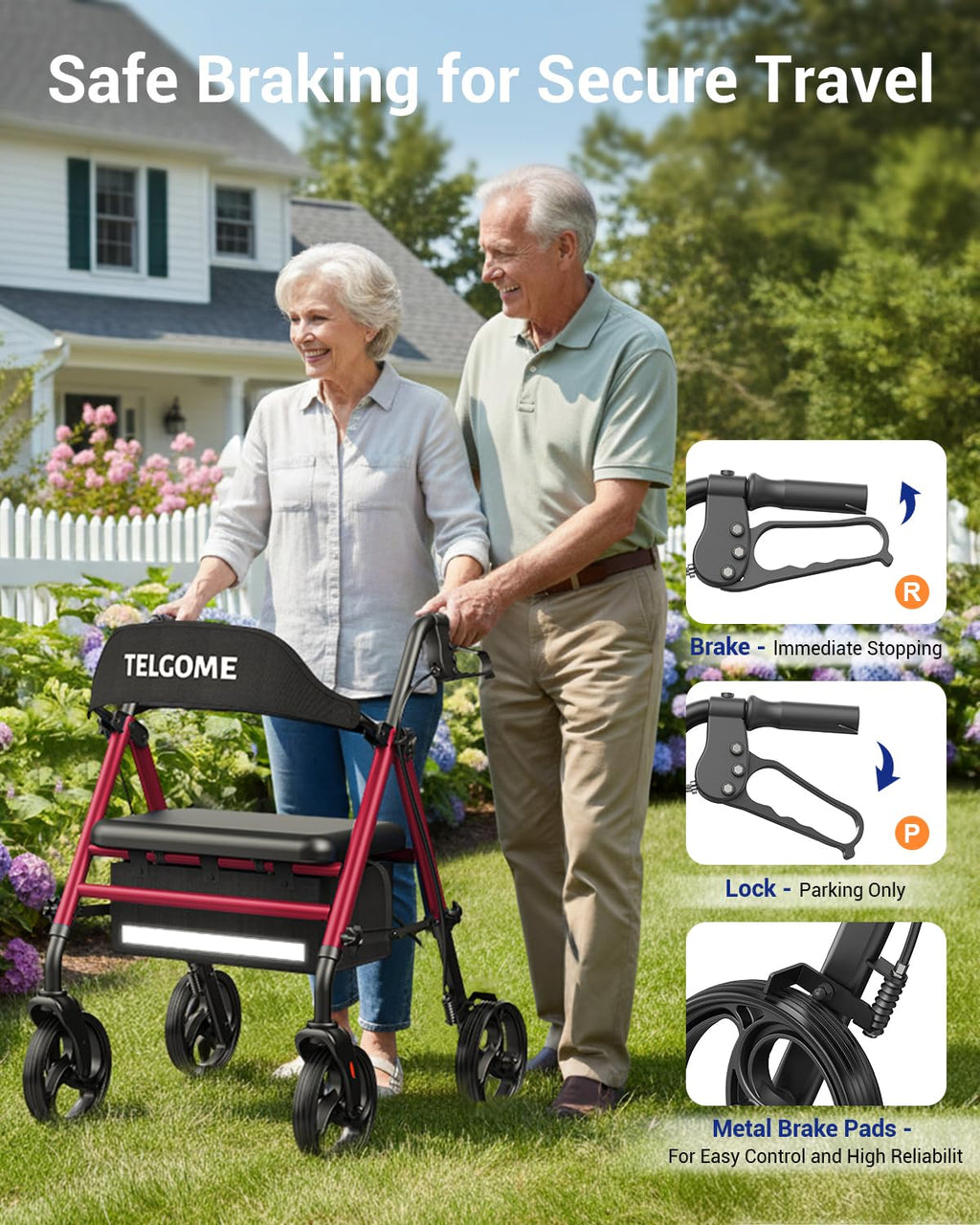 Red 350 lb Capacity Foldable Rollator Walker with Seat I106