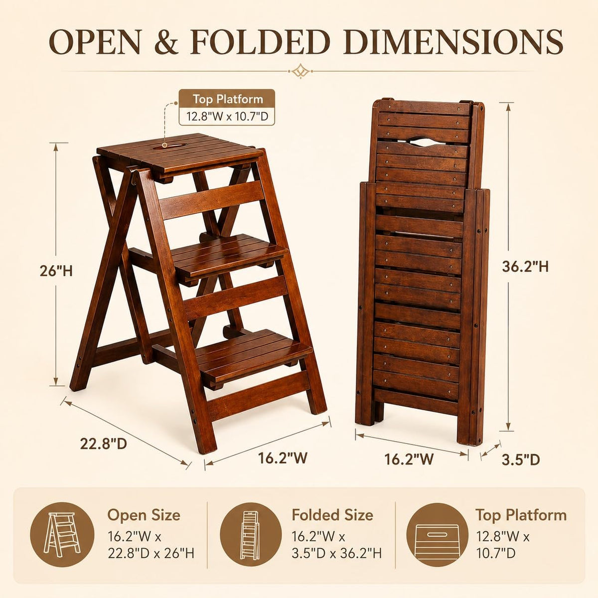 Solid Oak 3 Step Folding Ladder 330 lbs Capacity Wooden Step Stool N977647