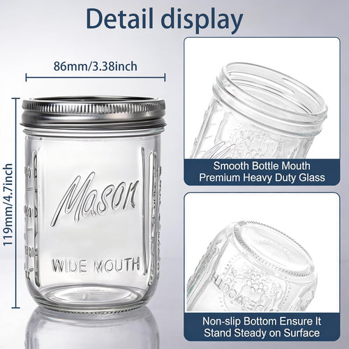 12 Pack 16 oz Wide Mouth Glass Mason Jars with Lids U3119