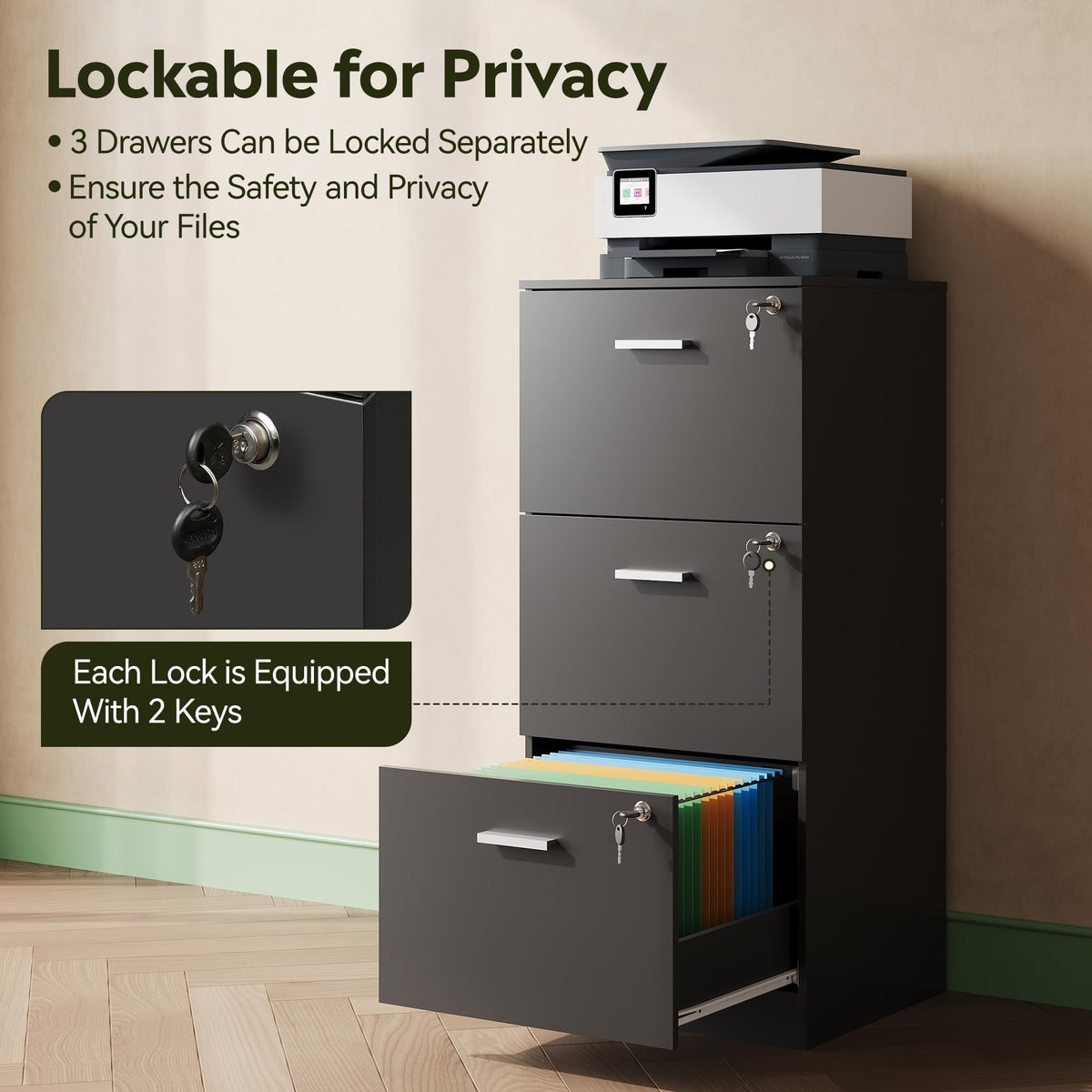 3 Drawer Wood File Cabinet with Lock V486003