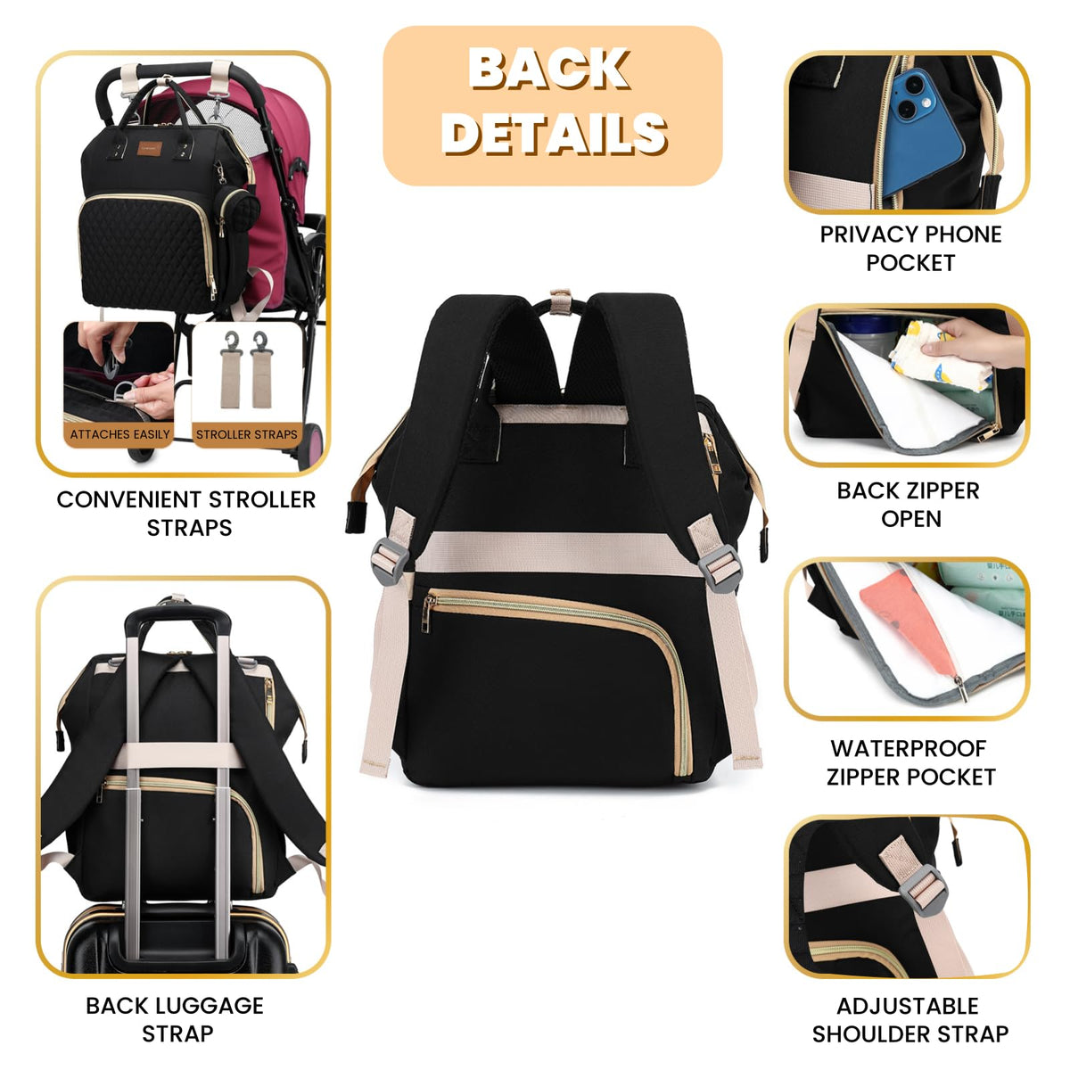Black Waterproof Quilted Diaper Bag Backpack with Changing Pad W534038