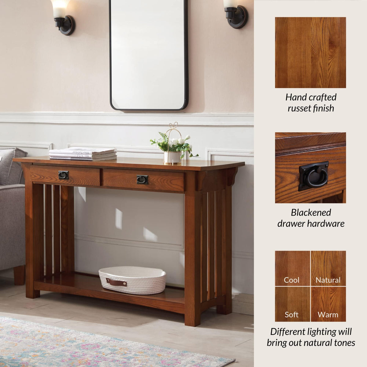 Transitional Solid Ash Console Table with 2 Drawers N104
