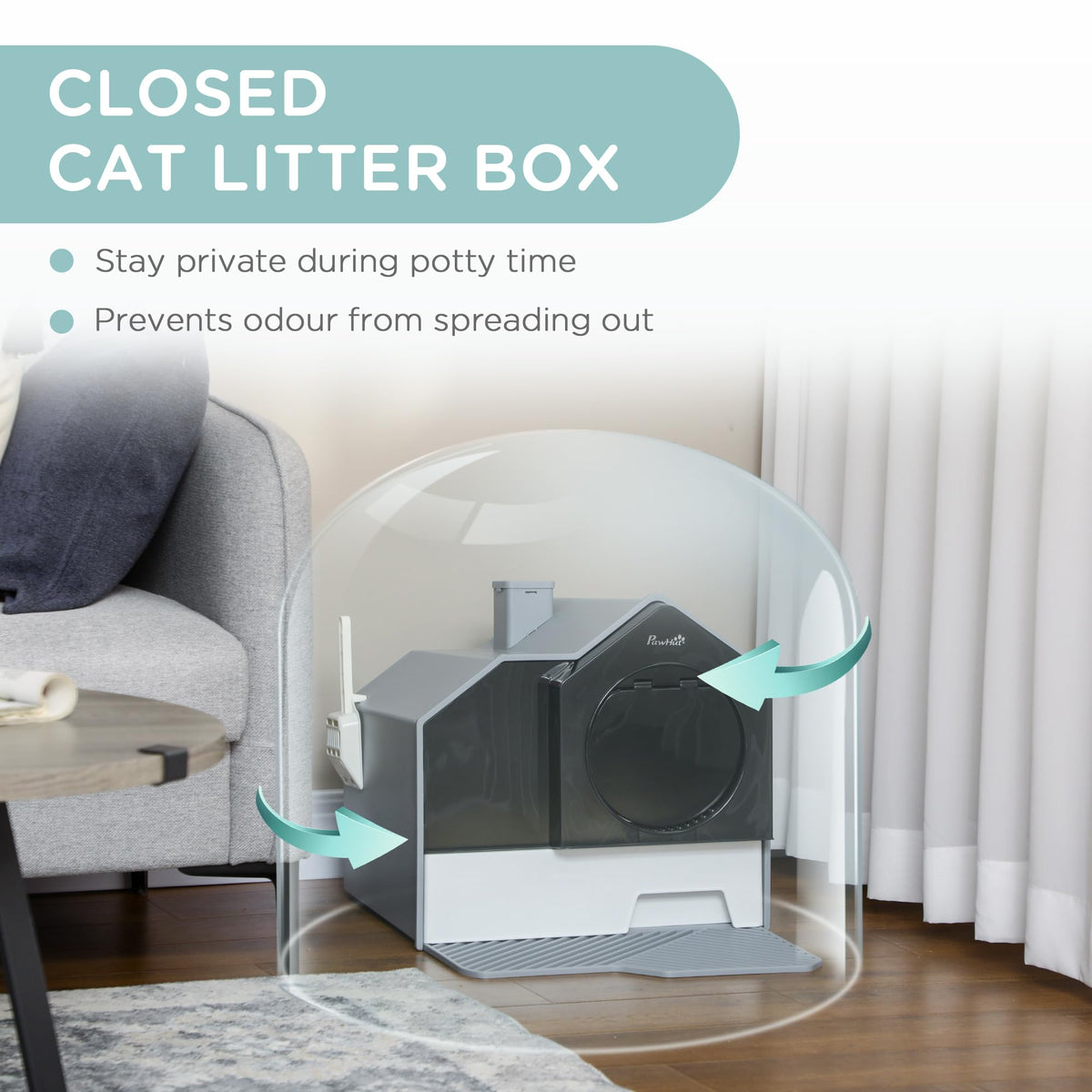 Hooded Cat Litter Box with Litter Mat, Pull-Out Drawer, Handle, Scoop, Gray S325950