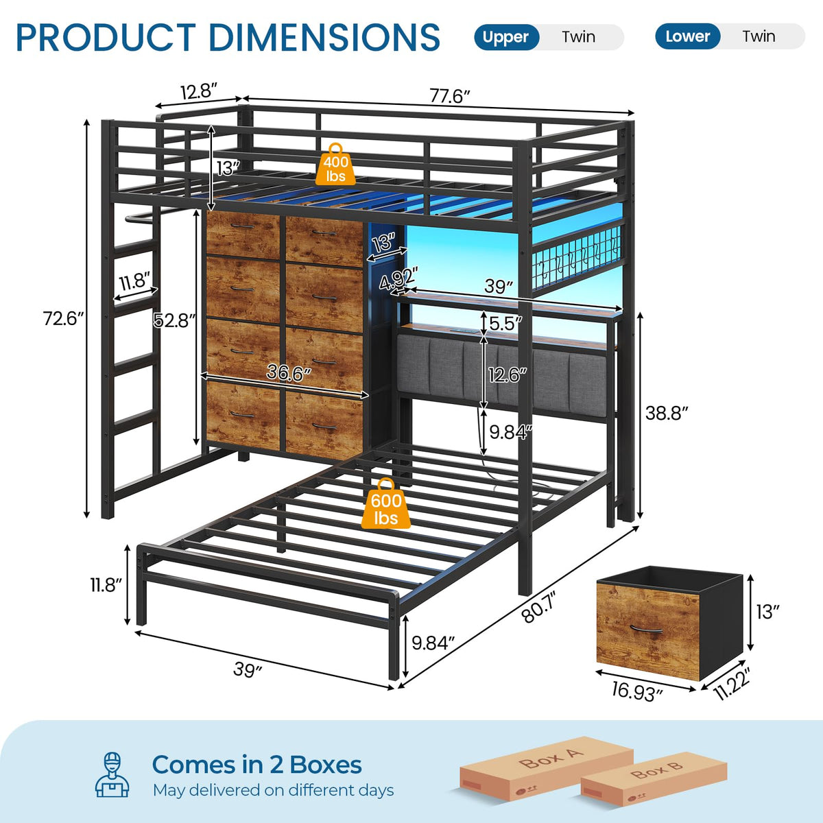 Twin Over Twin Bunk Bed with 8 Drawers and Storage Headboard G1068