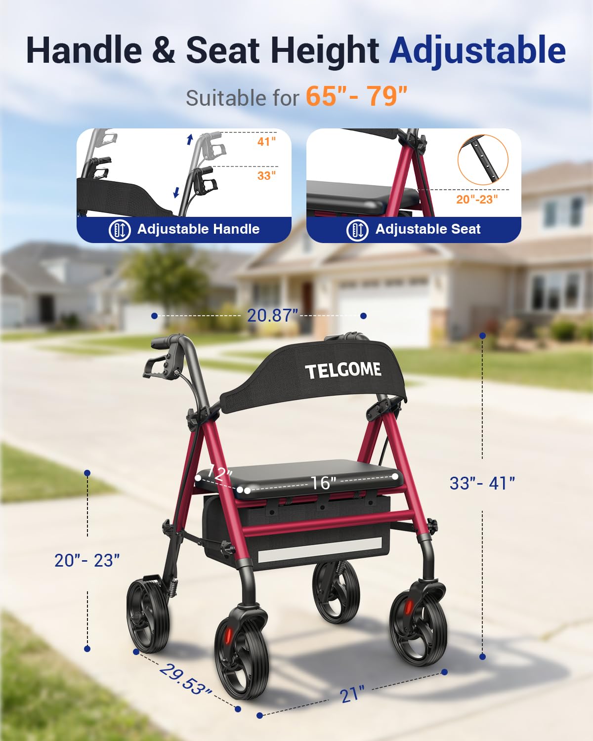 Red 350 lb Capacity Foldable Rollator Walker with Seat I106