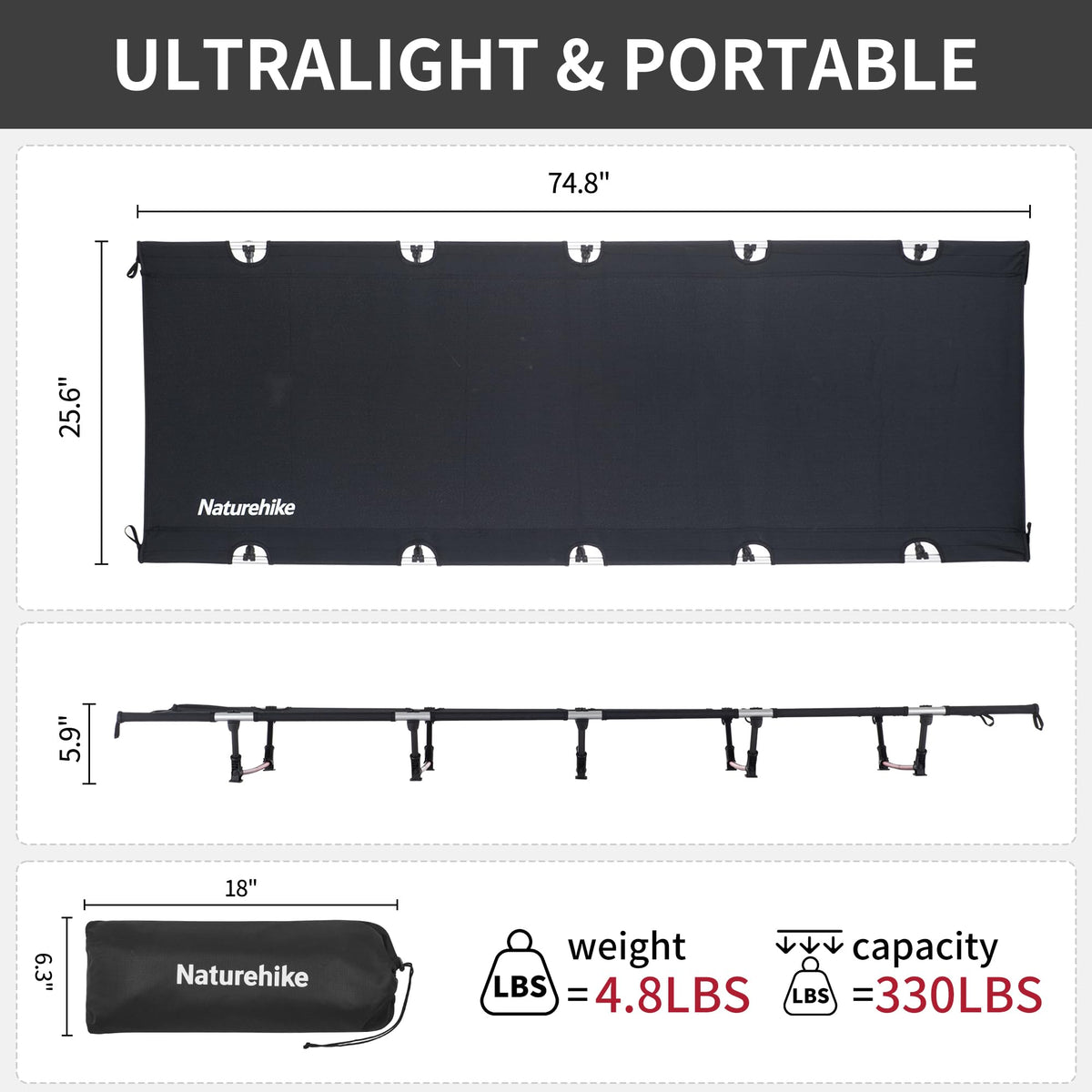 Ultralight Folding Camping Cot 330lbs J6796