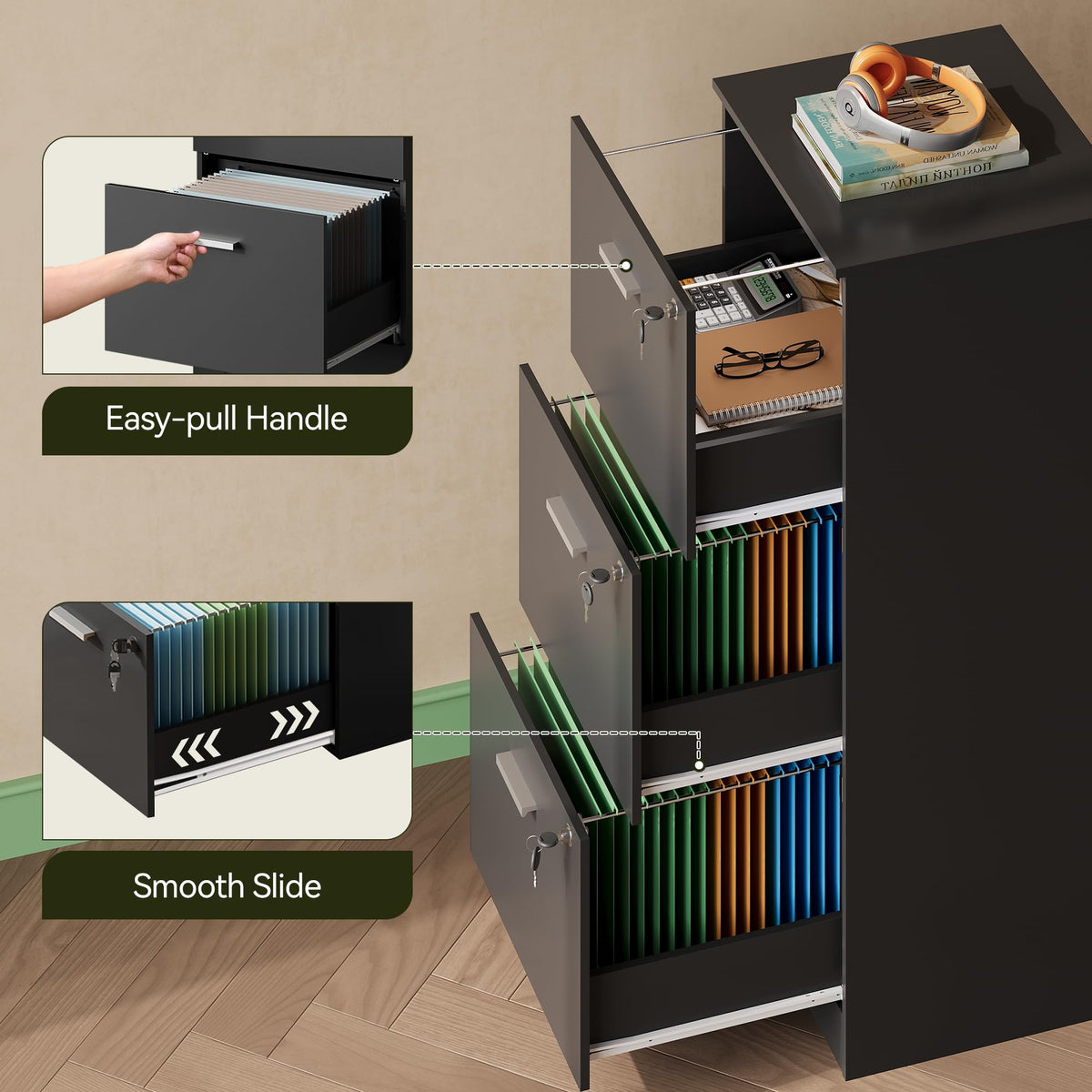 3 Drawer Wood File Cabinet with Lock V486003