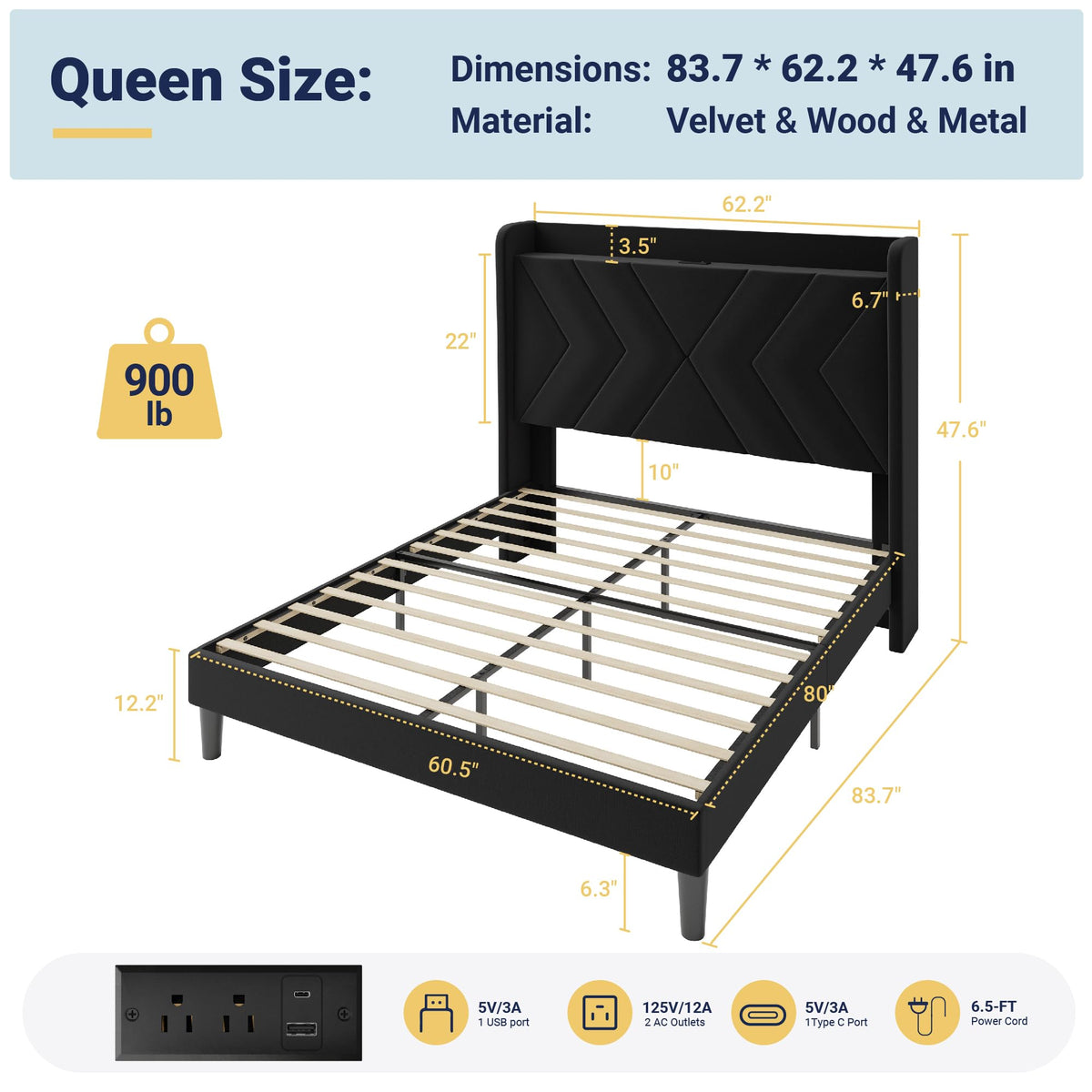 Queen Size Black Velvet Bed Frame with Charging and Shelf S91851