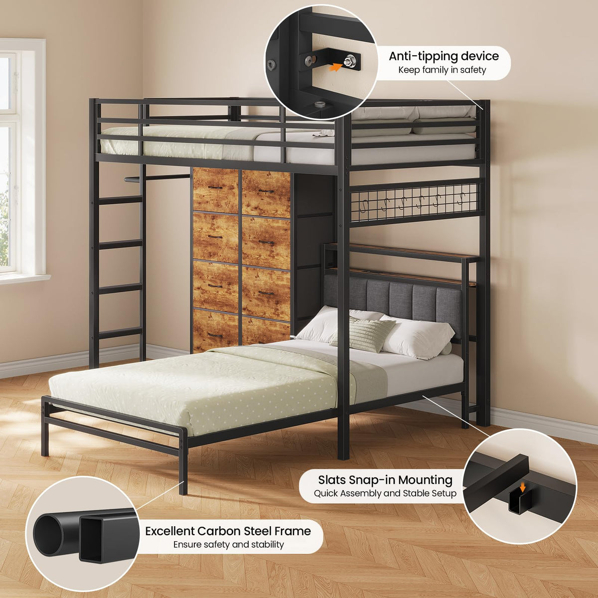 Twin Over Twin Bunk Bed with 8 Drawers and Storage Headboard G1068