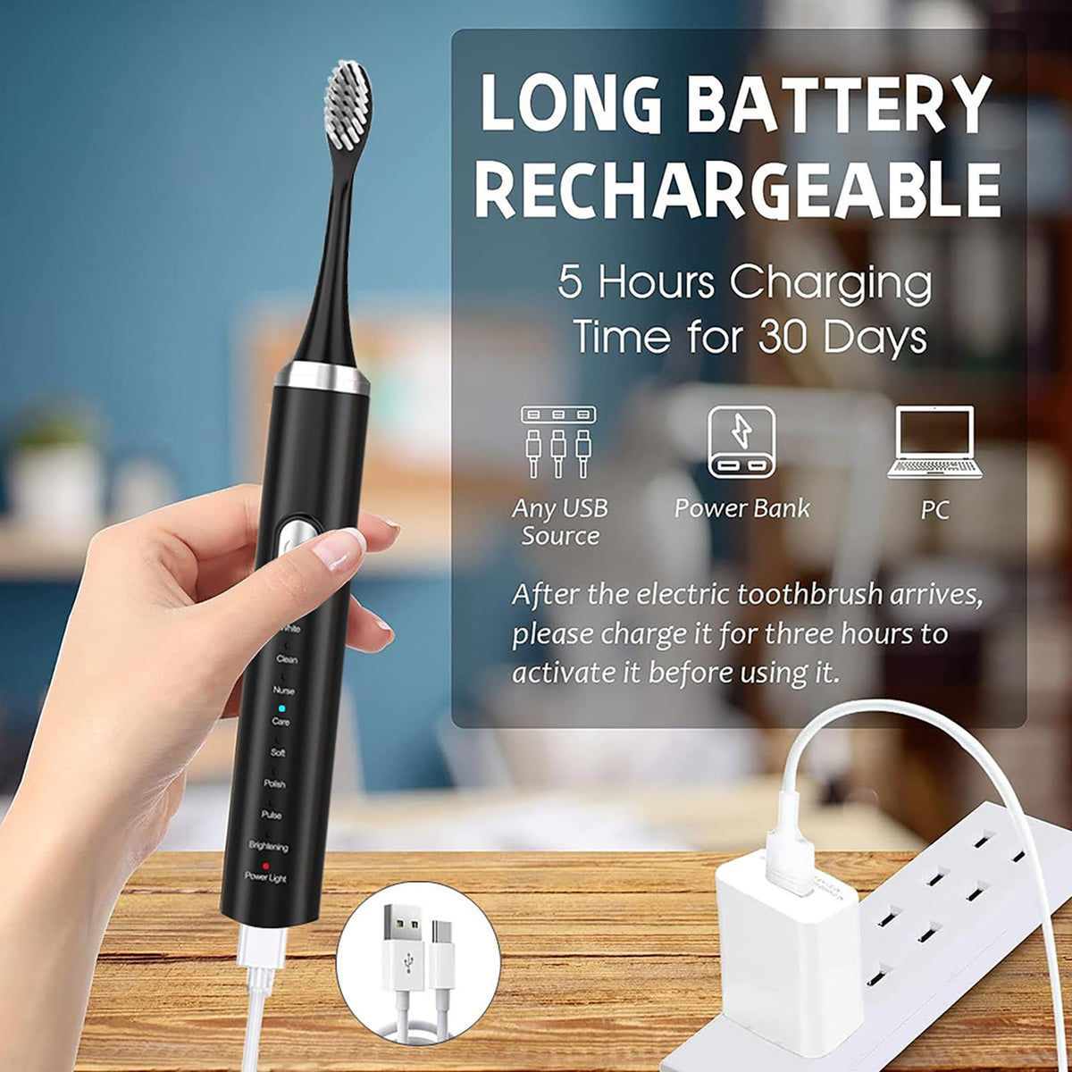 Rechargeable Electric Toothbrush with 4 Replacement Heads D417
