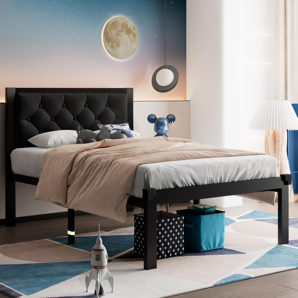 Twin Size Black Metal Platform Bed Frame with Faux Leather Tufted Headboard E996