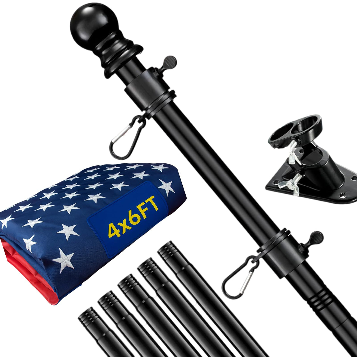 6FT Heavy Duty Tangle Free Flagpole Kit with 4x6FT Embroidered US Flag U7491