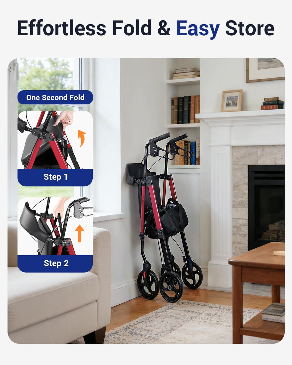 Red 350 lb Capacity Foldable Rollator Walker with Seat I106