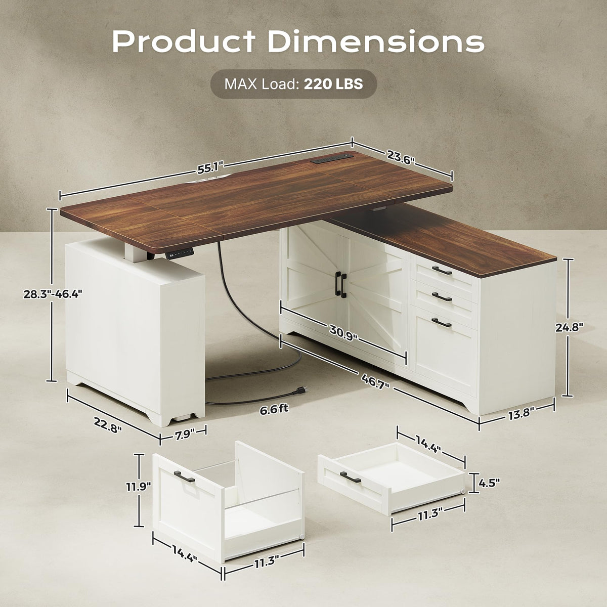 55'' L Shaped Standing Desk with Outlets and Drawers N2803