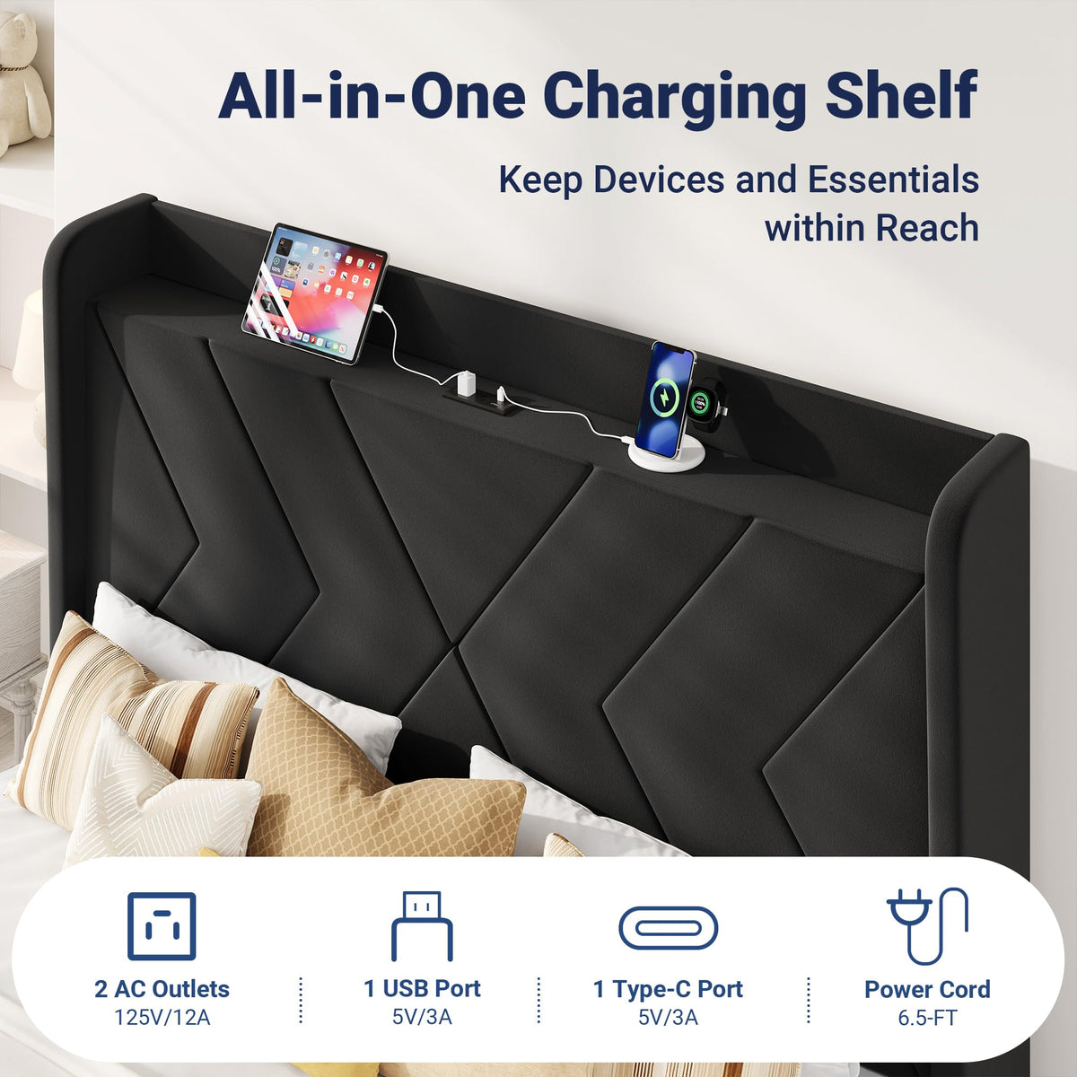 Queen Size Black Velvet Bed Frame with Charging and Shelf S91851