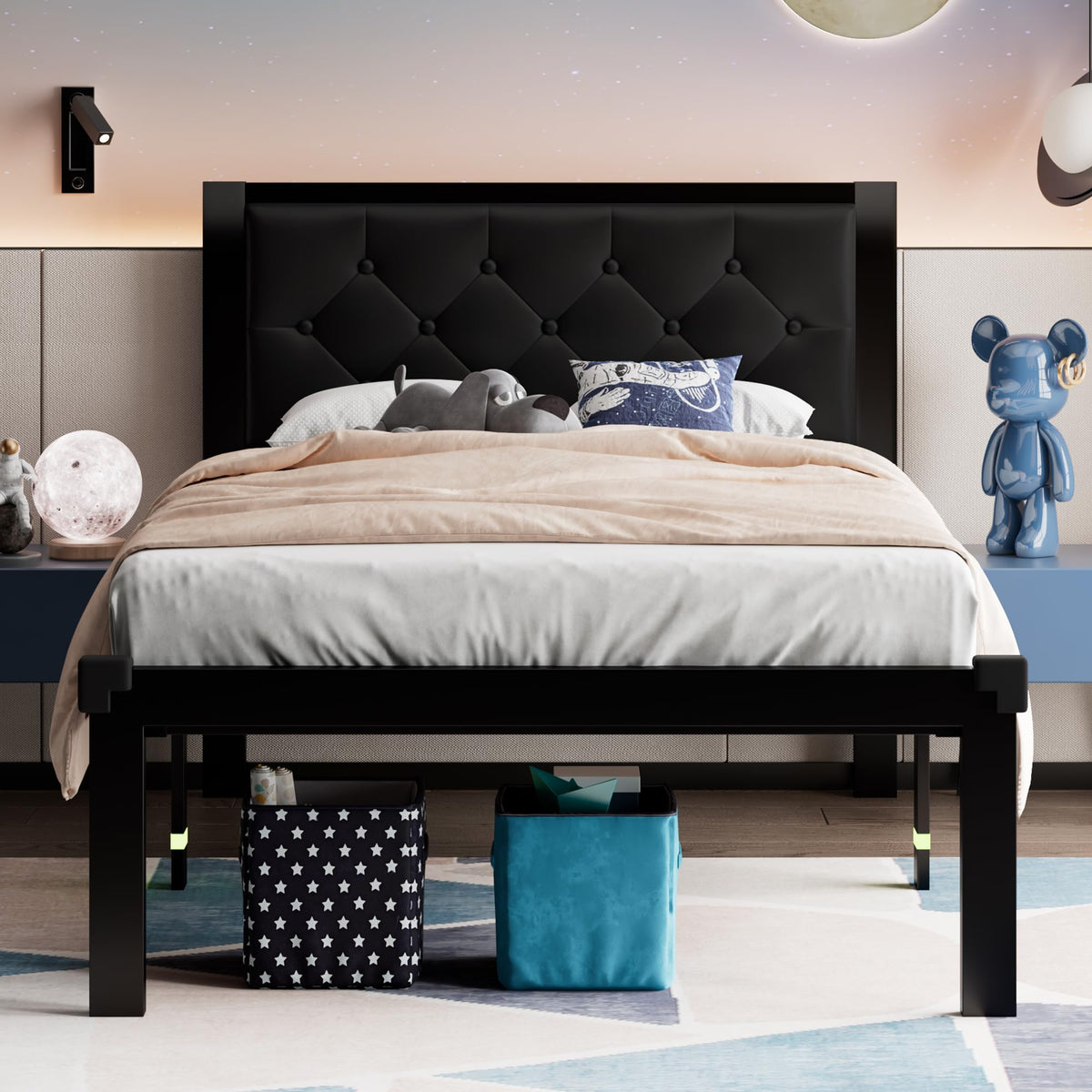 Twin Size Black Metal Platform Bed Frame with Faux Leather Tufted Headboard E996