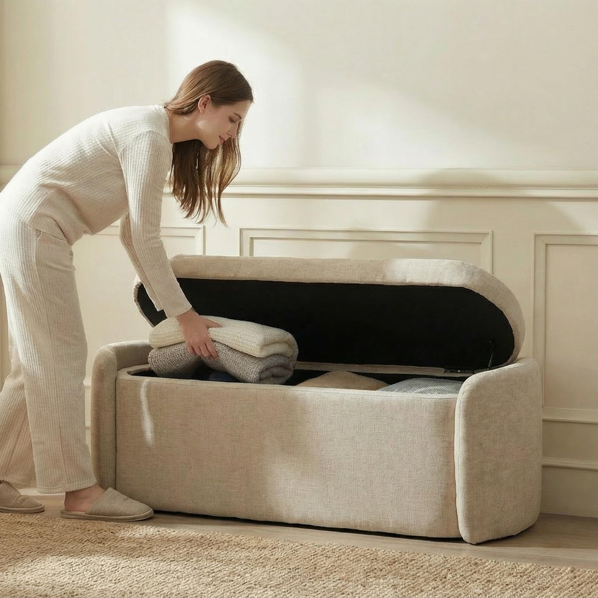 Khaki Upholstered Storage Bench V75555