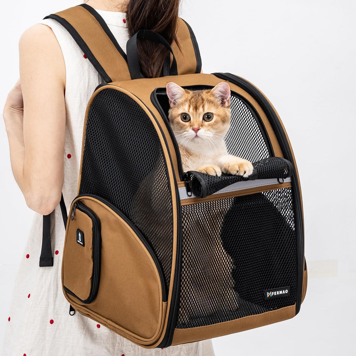 Brown Collapsible Pet Carrier Backpack with Ventilated Mesh A683077