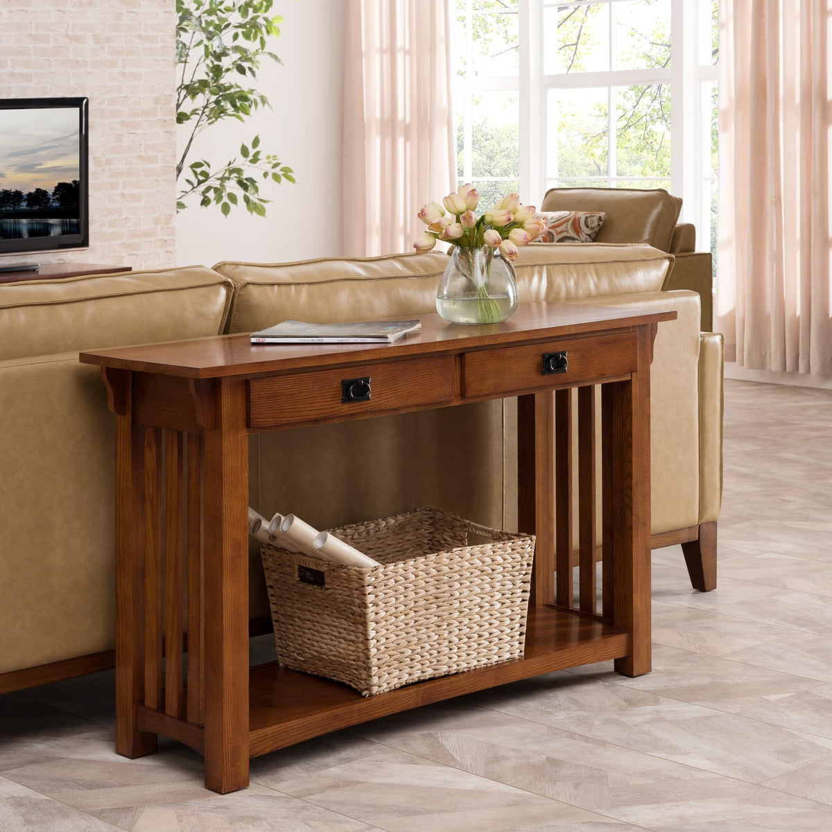 Transitional Solid Ash Console Table with 2 Drawers N104