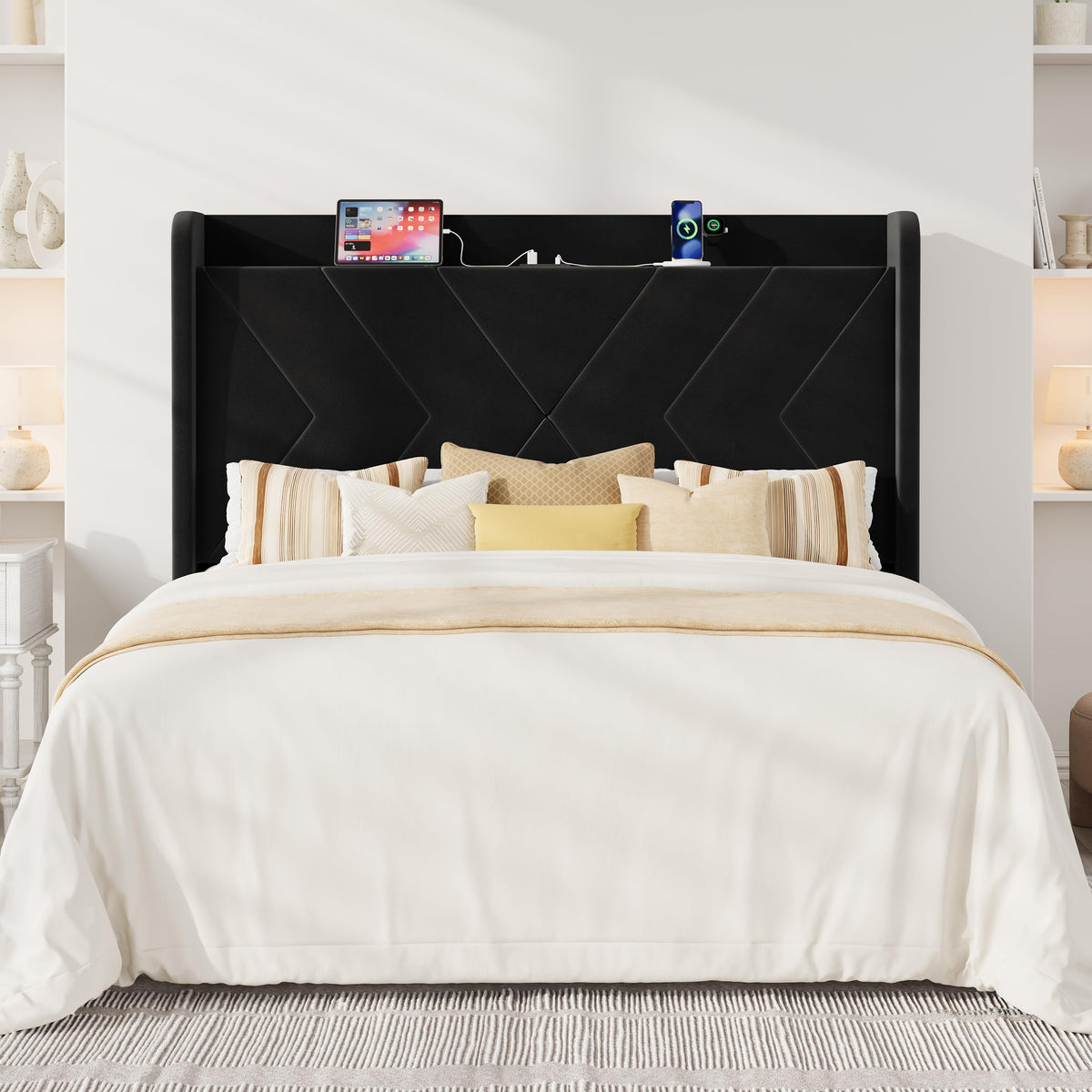 Queen Size Black Velvet Bed Frame with Charging and Shelf S91851