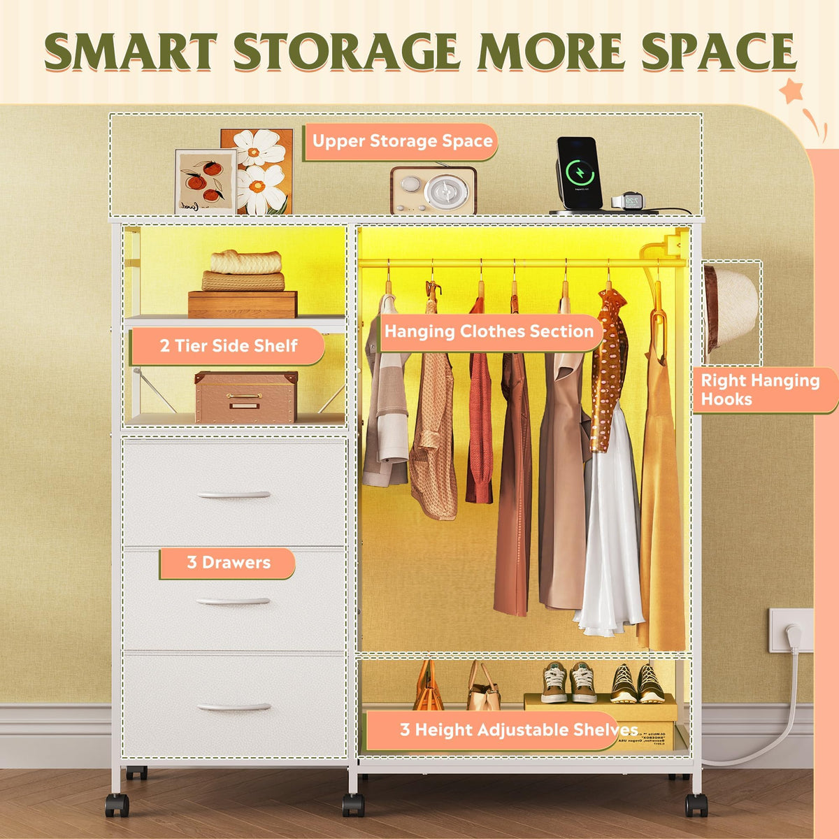 White 3 Drawer Dresser with Hanging Rack H694640