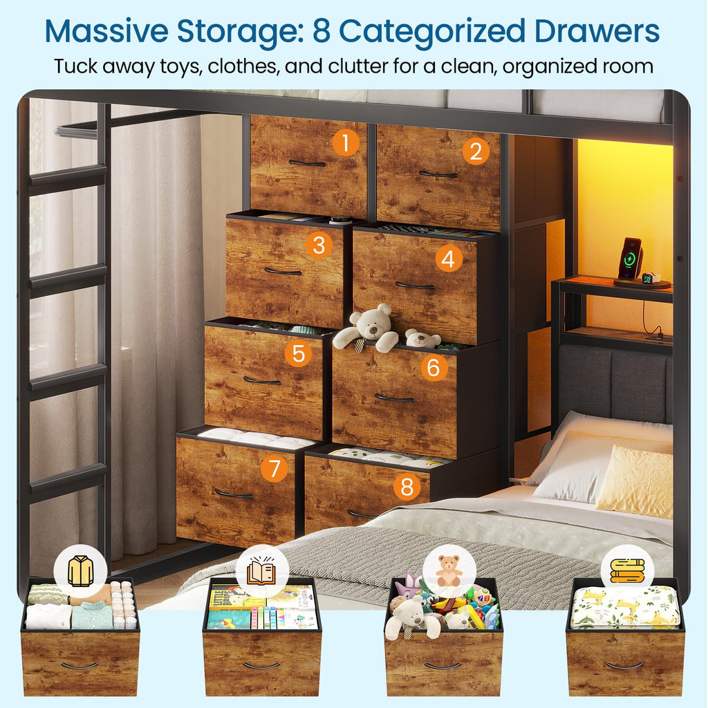 Twin Over Twin Bunk Bed with 8 Drawers and Storage Headboard G1068