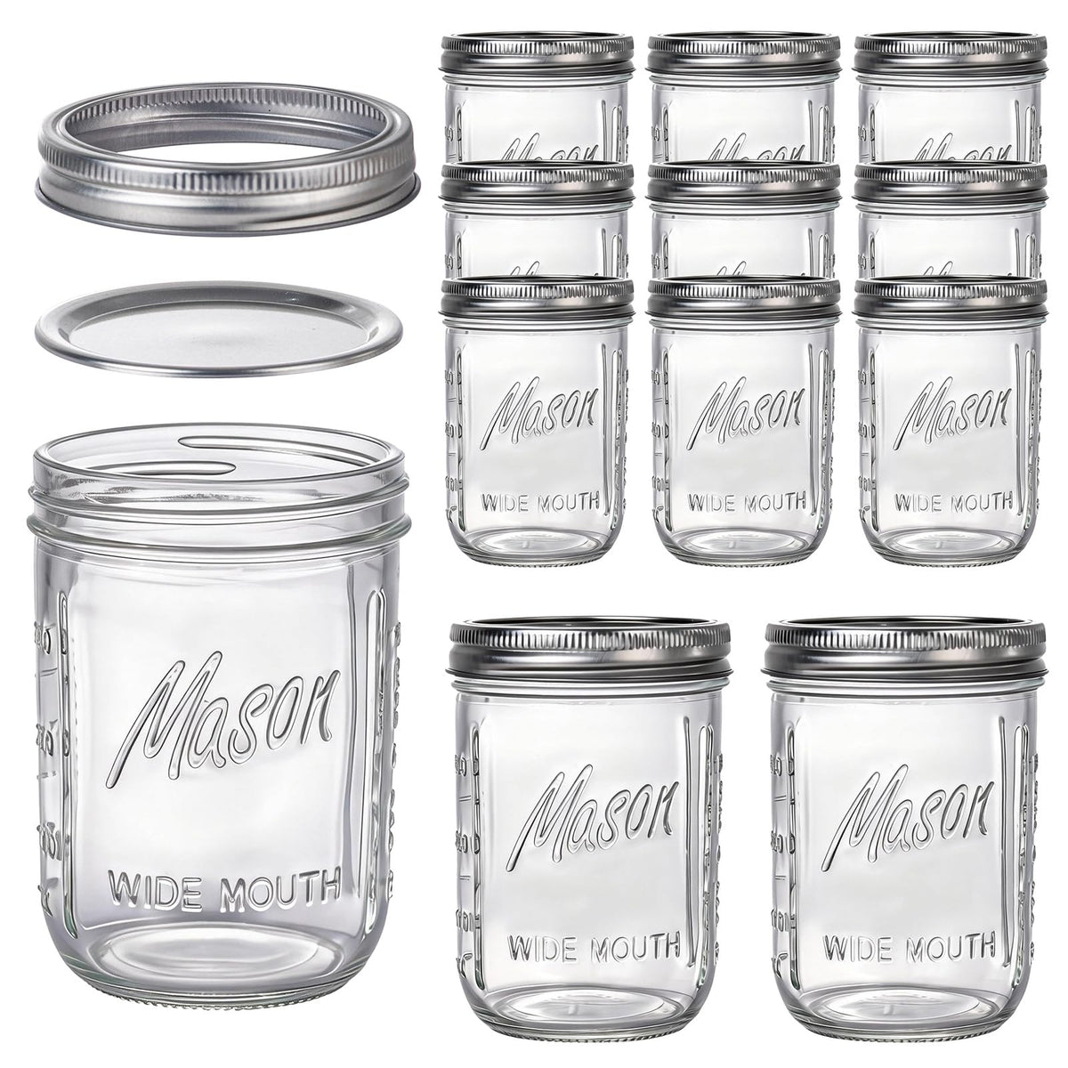 12 Pack 16 oz Wide Mouth Glass Mason Jars with Lids U3119